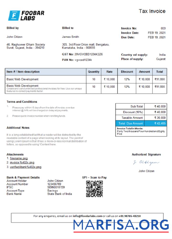 Blank India Foobar Labs Information Technology Company invoice 1 example